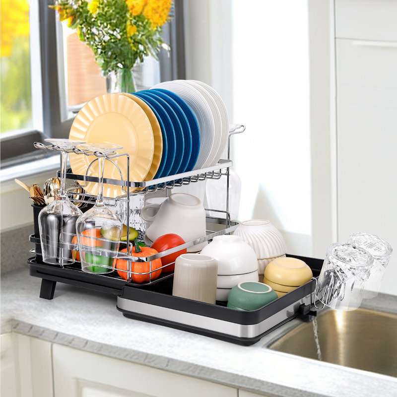 Ackitry Kitchen 2 Tier Extendable Dish Drying Rack Utensil Holder Wayfair